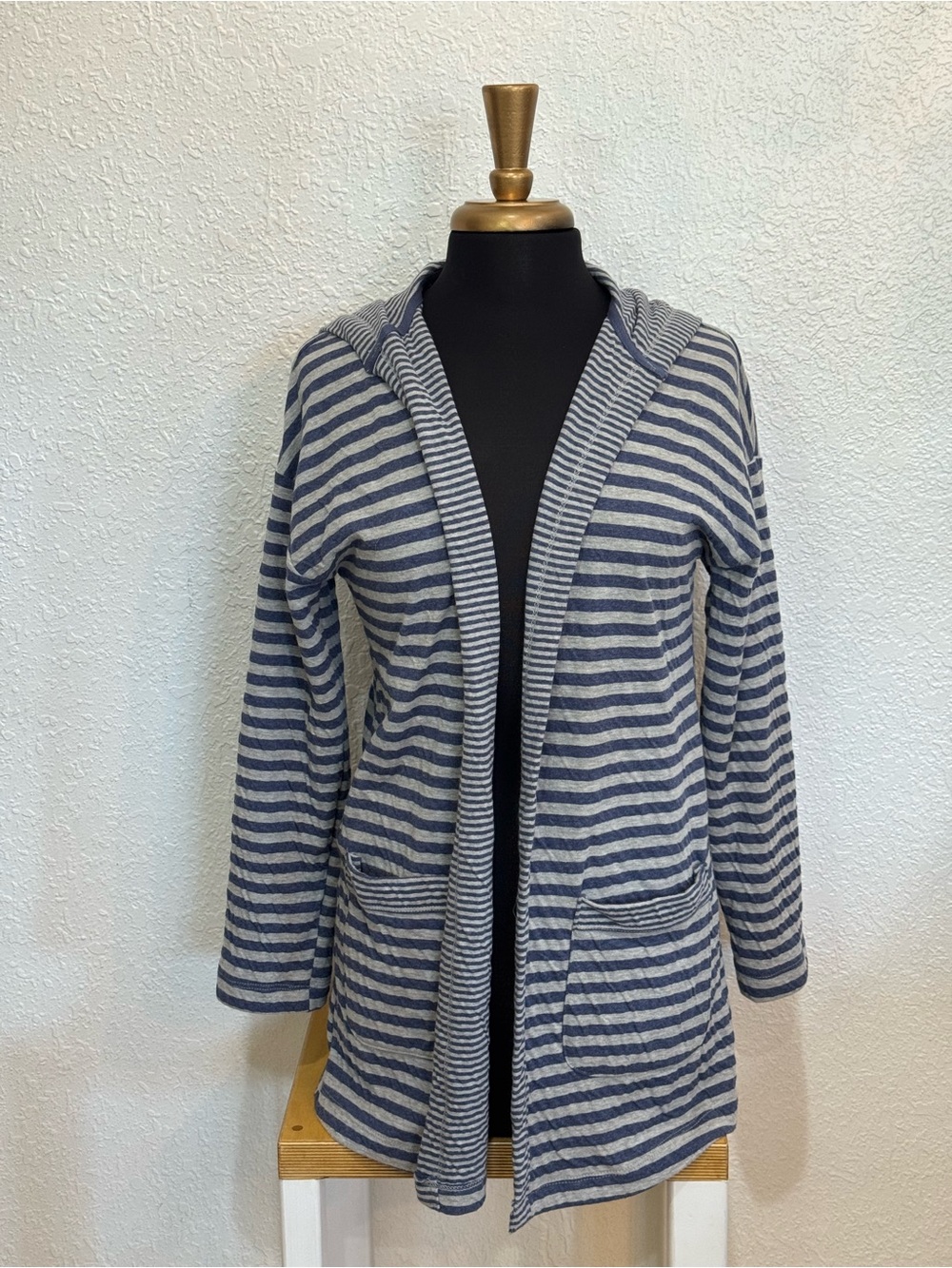 Striped Hooded Open-Front Sweater Cardigan - Blue & Gray